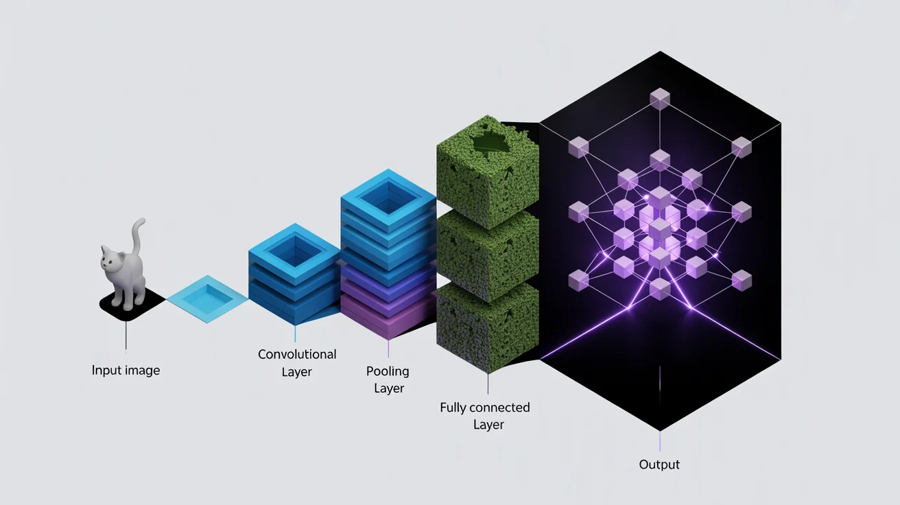 A modern 3D diagram illustrating the architecture of a Convolutional Neural Network (CNN), showing the flow from an input image through convolutional, pooling, and fully connected layers to a final output. Presented in a clean, infographic style on a white background.