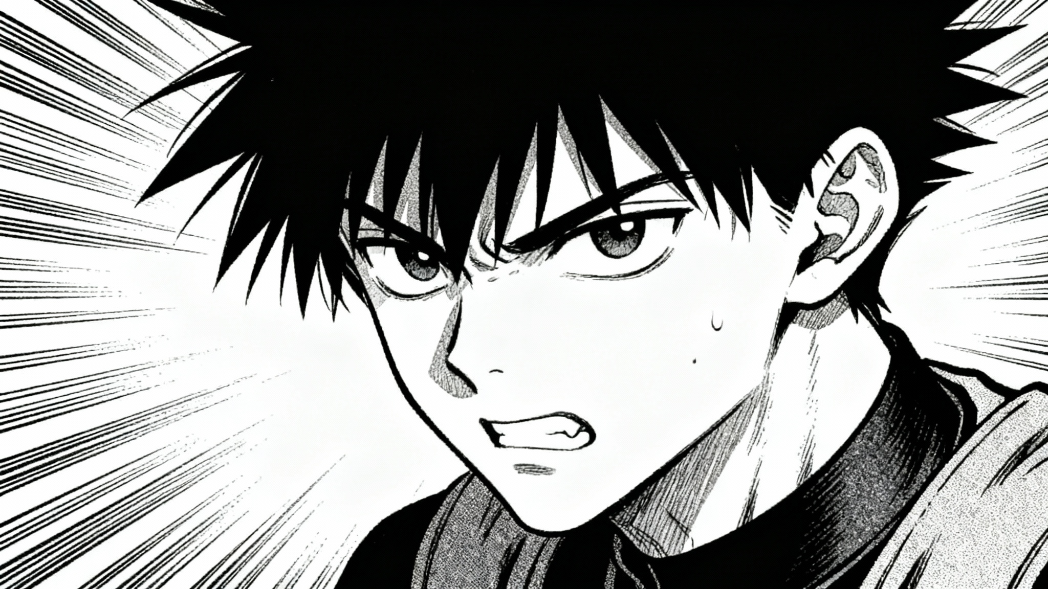 A finished black and white manga panel showing a shonen hero's face, demonstrating how a manga inpainting tool can remove text bubbles to reveal the complete artwork underneath.
