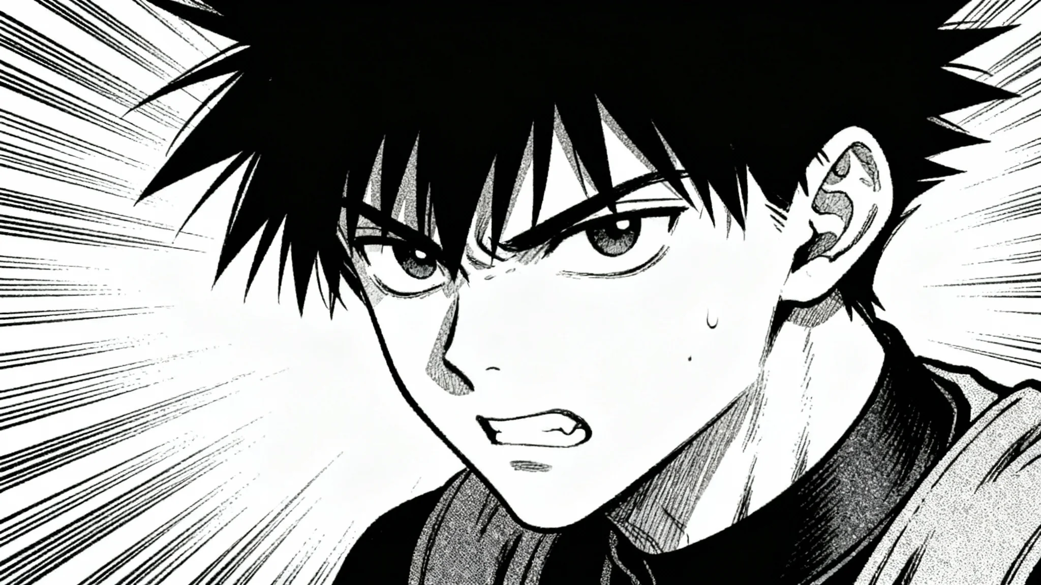 A finished black and white manga panel showing a shonen hero's face, demonstrating how a manga inpainting tool can remove text bubbles to reveal the complete artwork underneath.