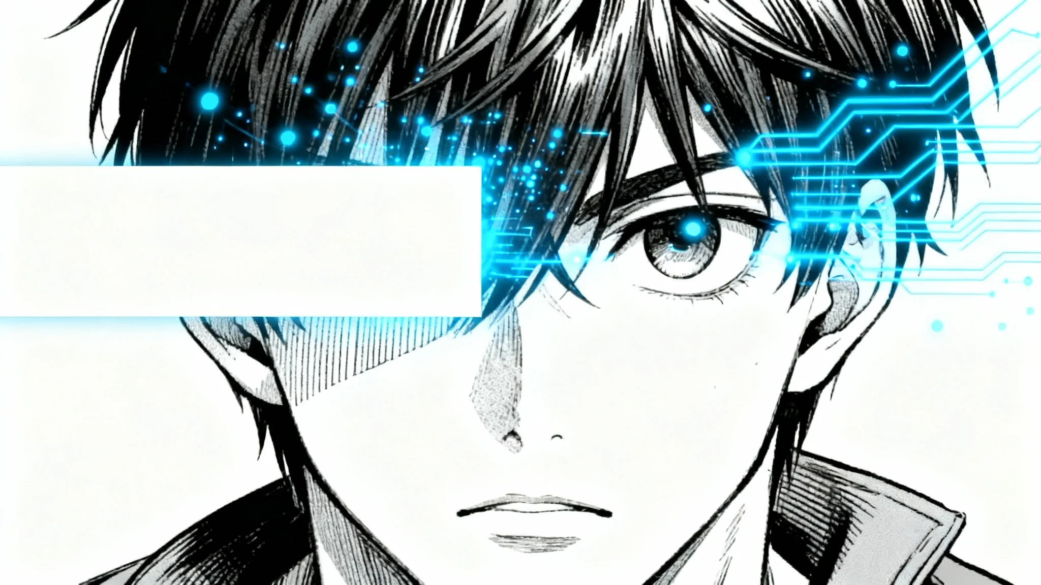 A black and white manga panel of a character's face with a section being digitally restored by glowing blue lines that are filling in the missing artwork.