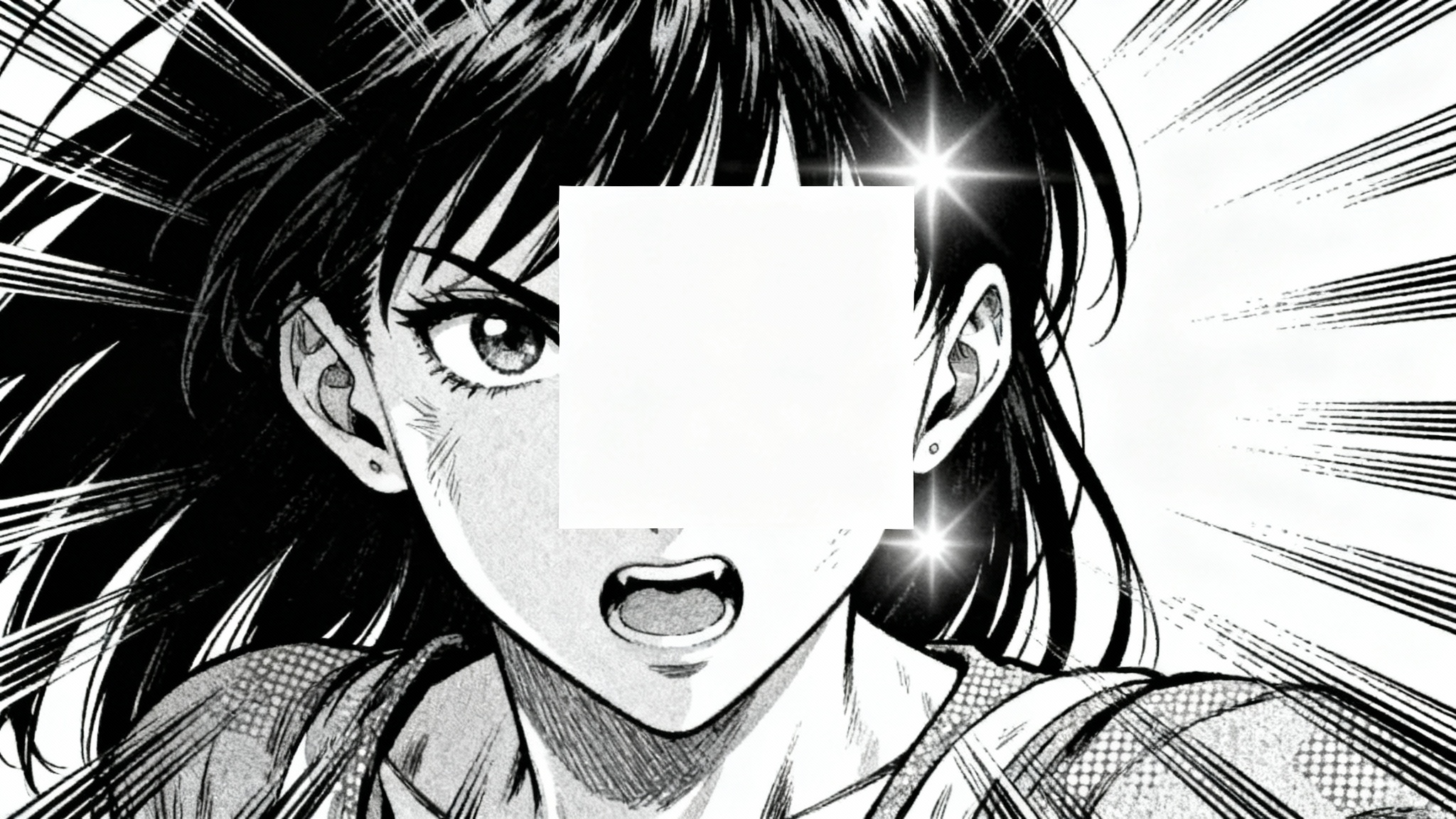 A black and white manga panel of a female character's face, with a missing square section being digitally and seamlessly filled in to restore the complete image.