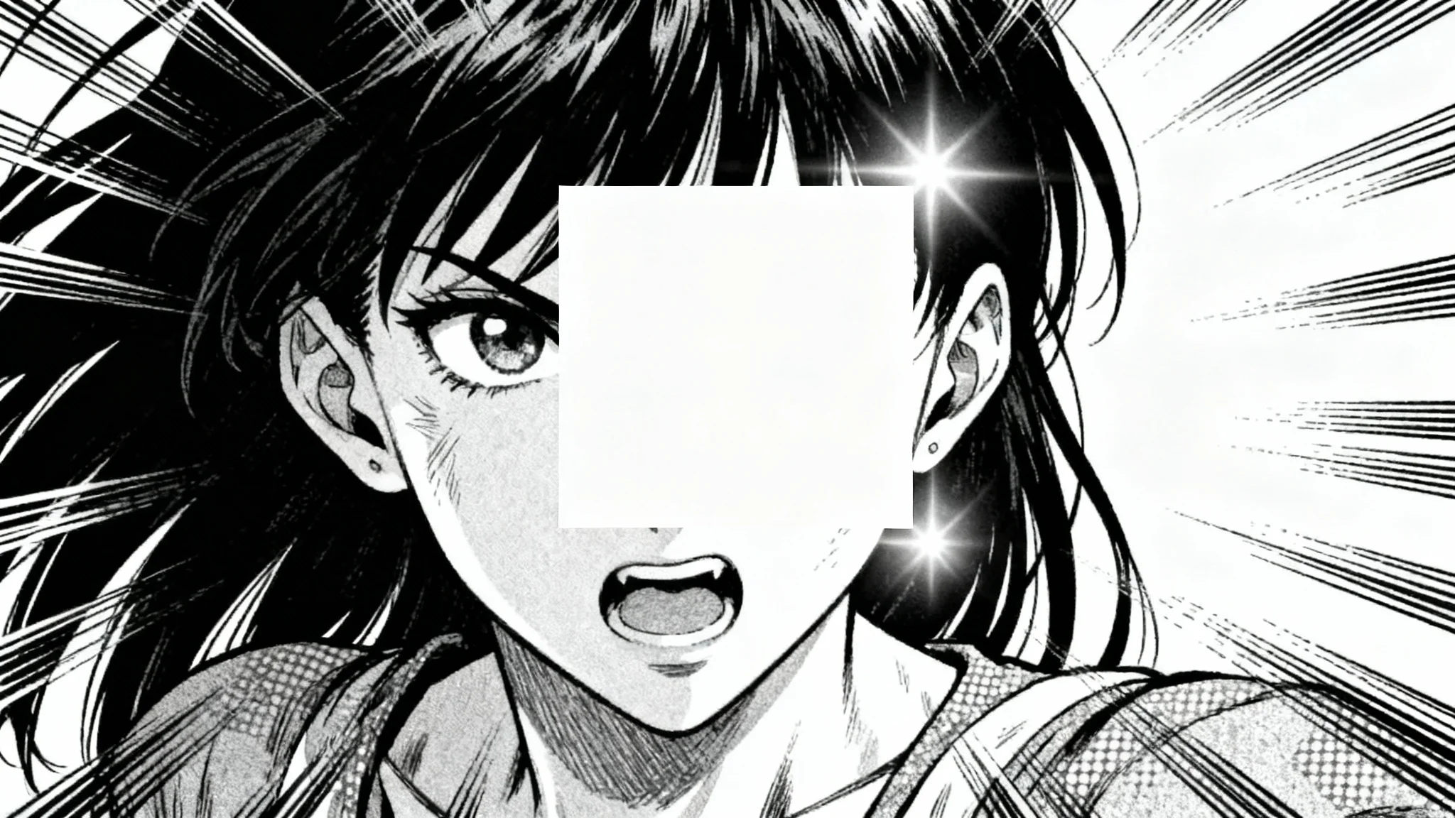 A black and white manga panel of a female character's face, with a missing square section being digitally and seamlessly filled in to restore the complete image.