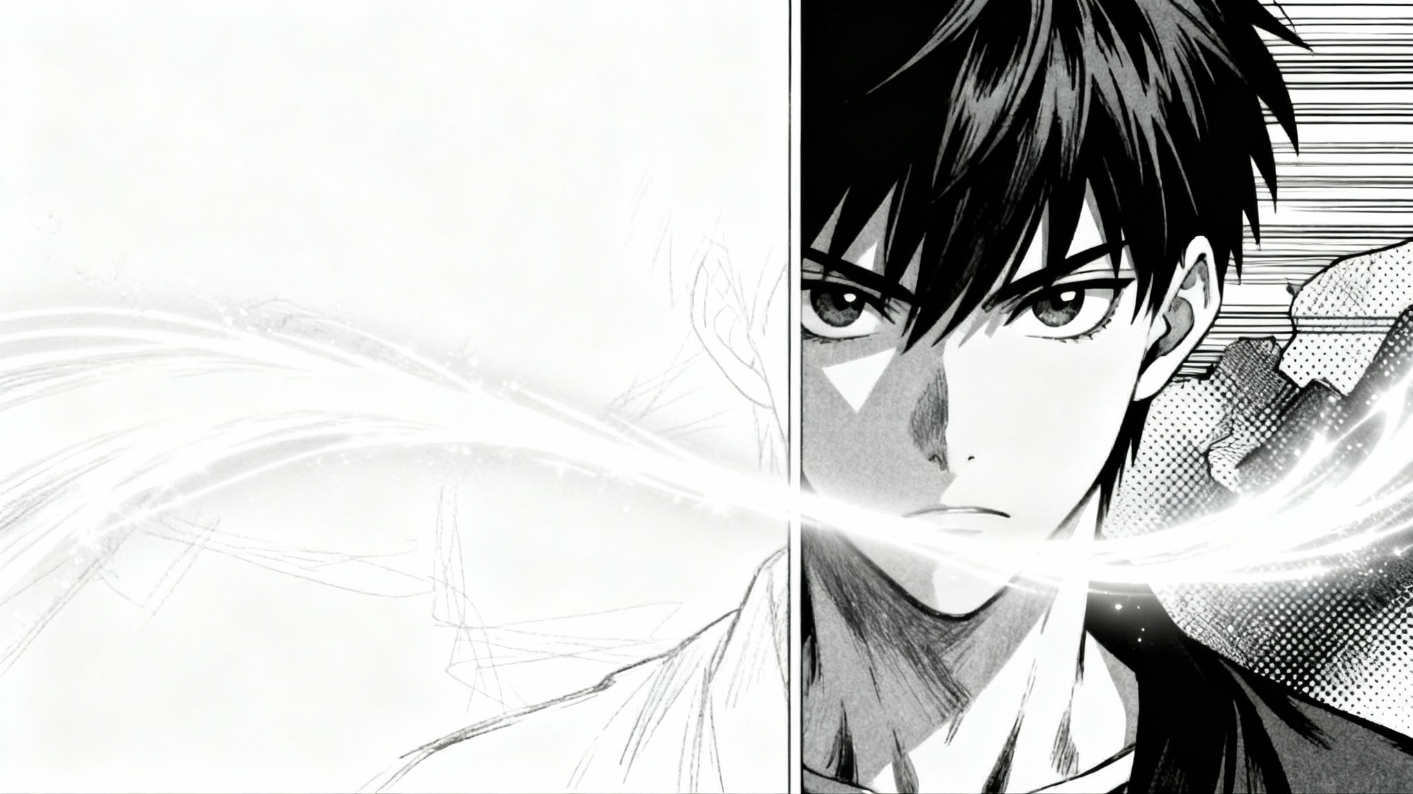 A mockup demonstrating manga inpainting. A black and white manga panel of a character is shown half-finished. A magical light effect is visibly completing the unfinished half of the drawing on a clean white background.