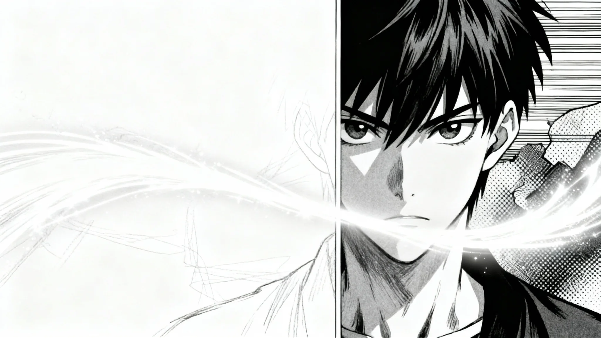 A mockup demonstrating manga inpainting. A black and white manga panel of a character is shown half-finished. A magical light effect is visibly completing the unfinished half of the drawing on a clean white background.