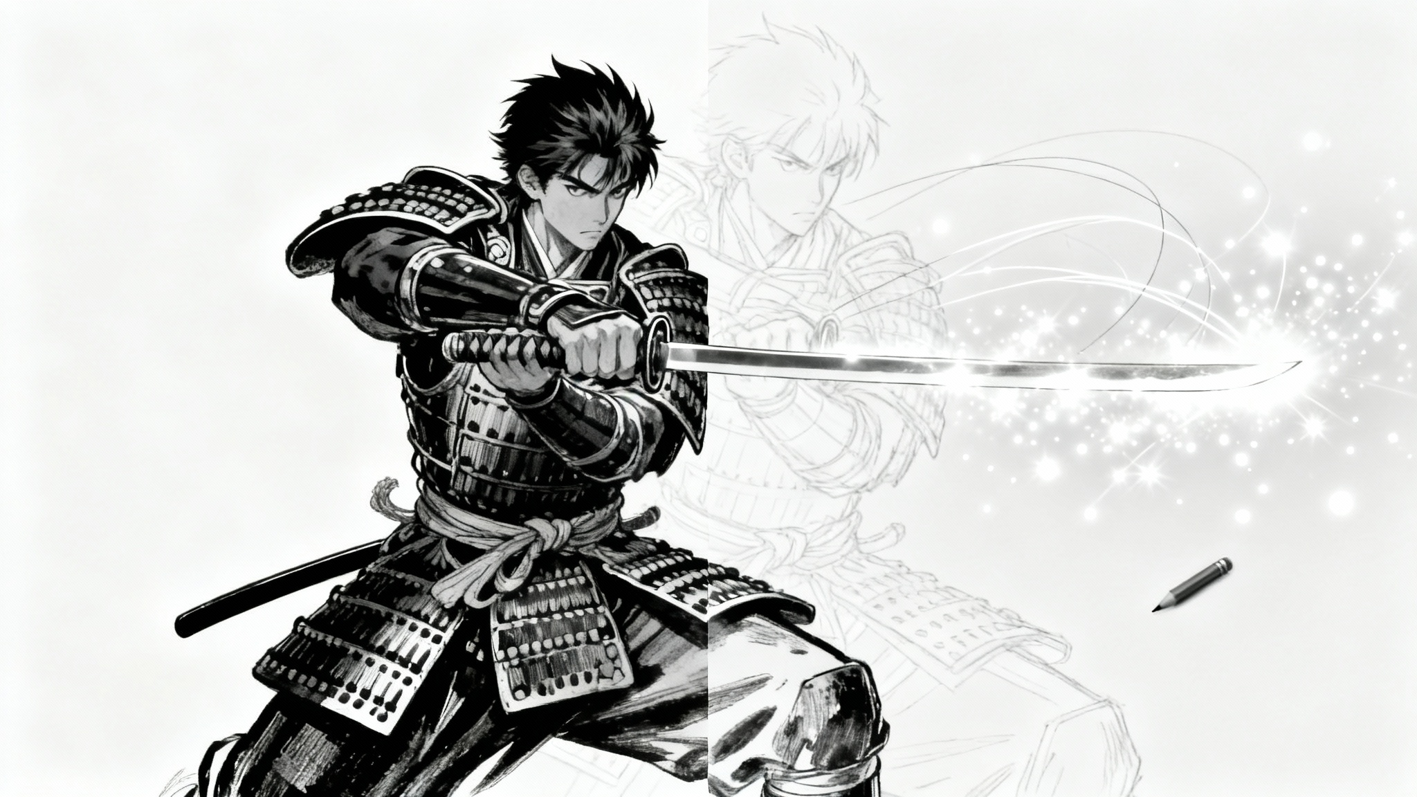 A black and white manga illustration of a samurai on a white background. Half of the image is fully inked and detailed, while the other half is an unfinished sketch being magically filled in by glowing light, demonstrating the concept of inpainting.