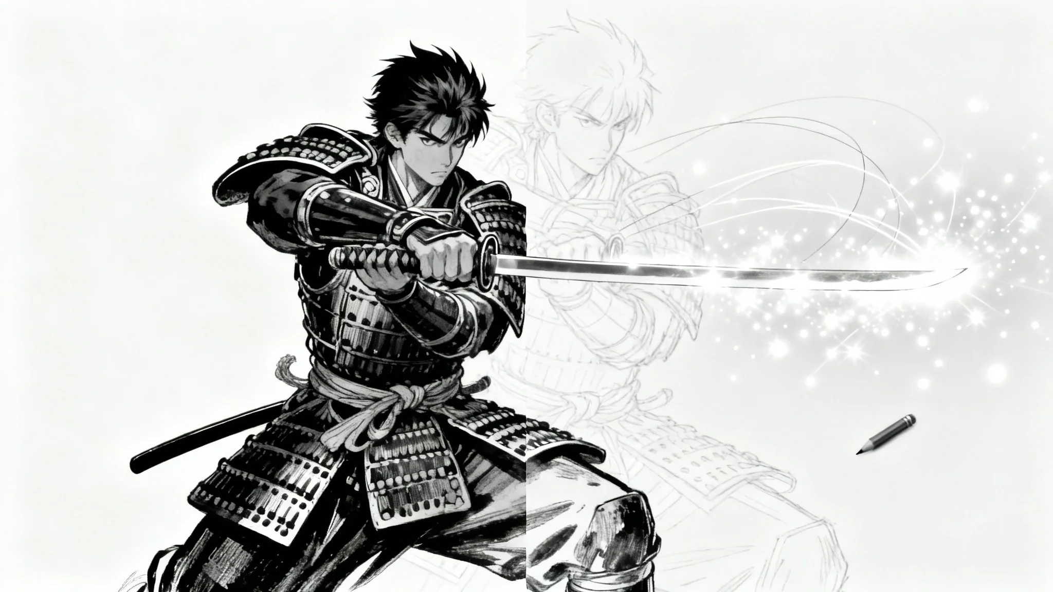 A black and white manga illustration of a samurai on a white background. Half of the image is fully inked and detailed, while the other half is an unfinished sketch being magically filled in by glowing light, demonstrating the concept of inpainting.