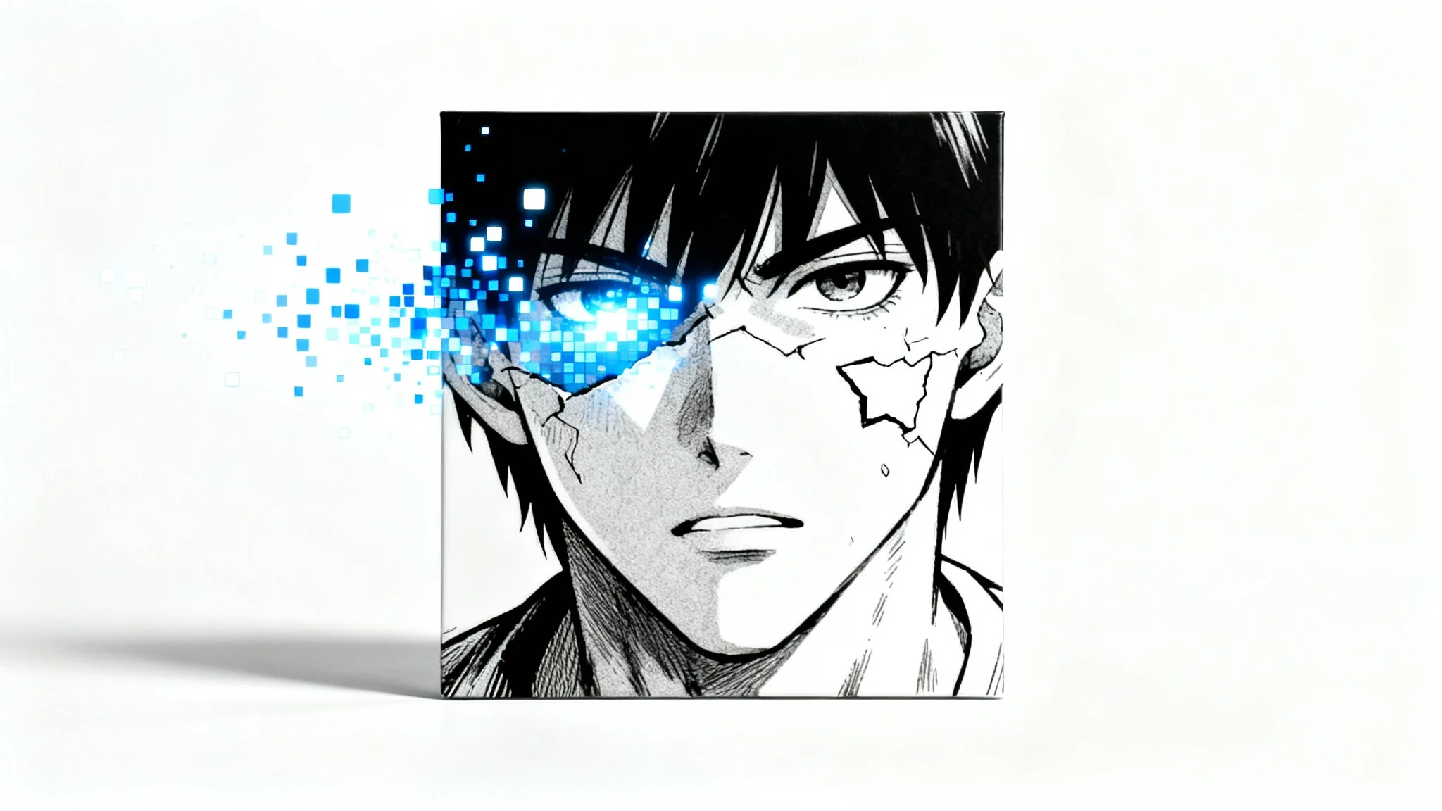 A single manga panel on a white background, showing a character's face being digitally restored with a glowing inpainting effect that fills in a missing section.