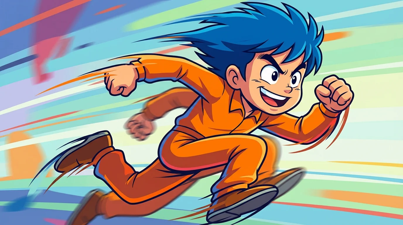 A high-quality still frame from a 2D animation demonstrating the smear frame technique. A cartoon character is running at high speed, with its legs and arms blurred and stretched into colorful streaks of motion against a simple background.