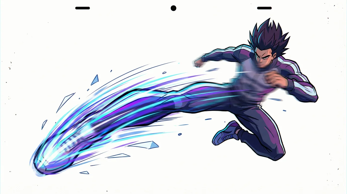 An animation cel illustrating the smear frame technique, showing a character's leg distorted into a colorful blur of motion as they perform a fast kick against a plain white background.