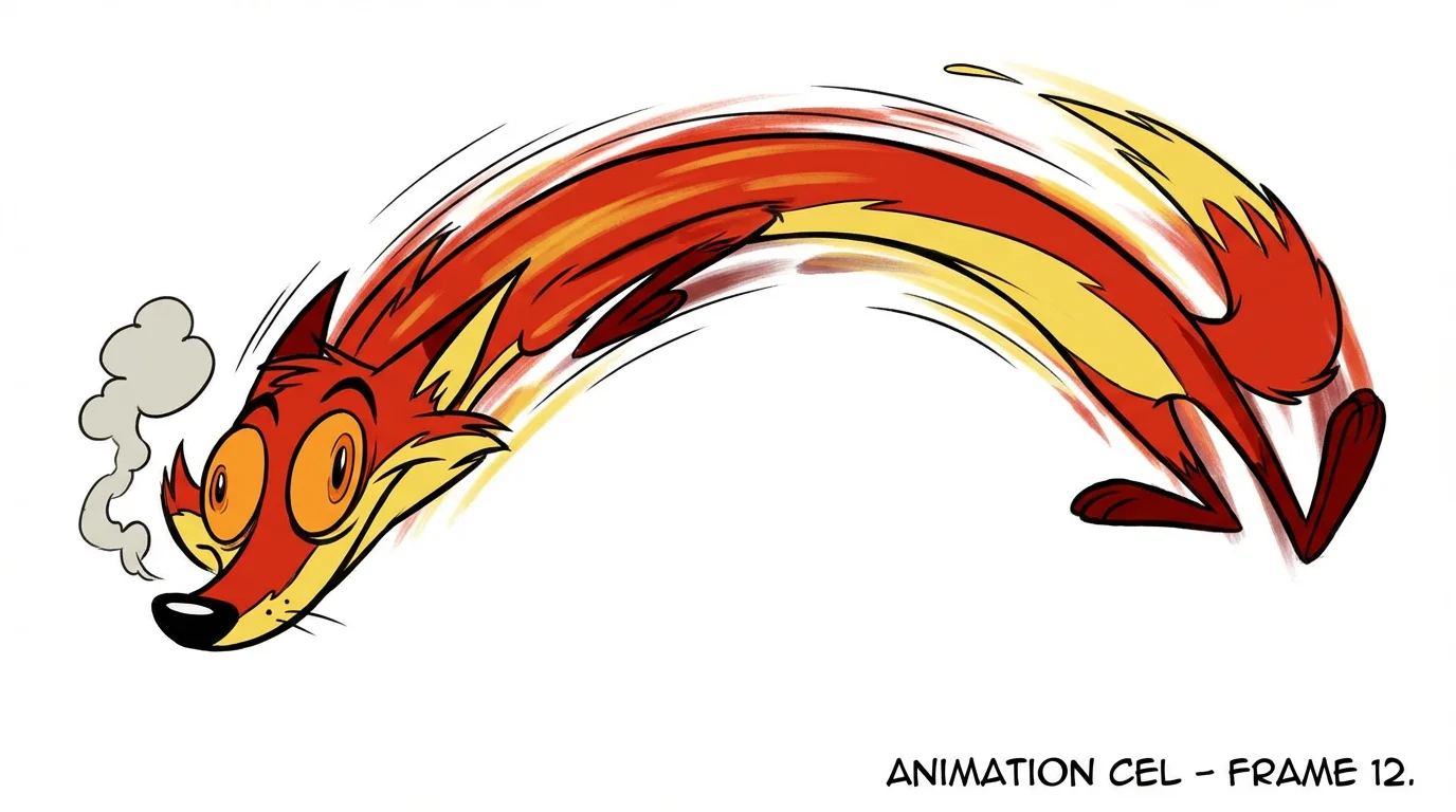 An animation still illustrating the smear frame technique, showing a stylized cartoon character stretched out in a colorful blur as it leaps across a white background.