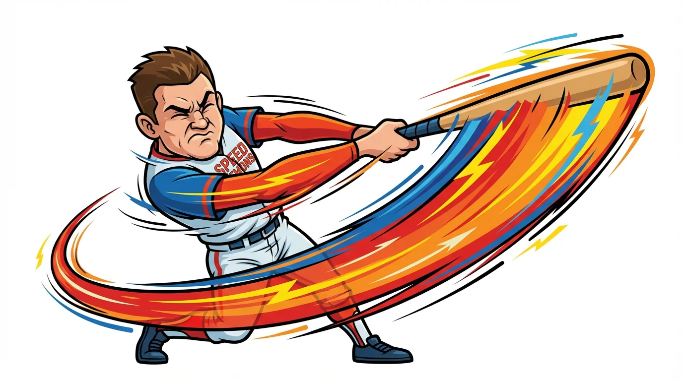 An illustration demonstrating smear frame animation, showing a cartoon baseball player mid-swing. The bat and arms are stretched into a colorful arc to visually represent extreme speed, isolated on a white background.