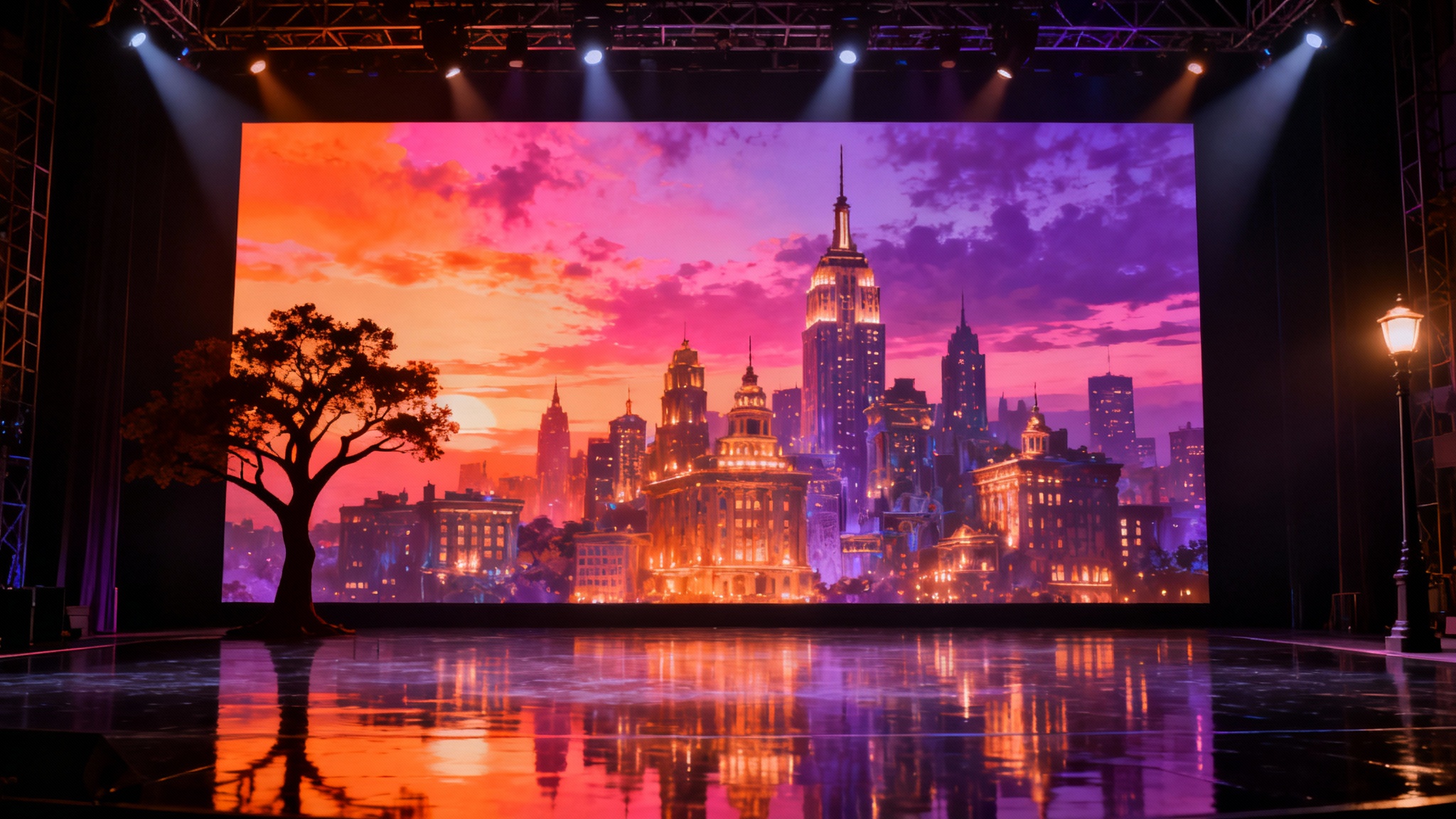 A wide view of a professional Broadway stage featuring a massive, brilliantly lit backdrop of a fantastical cityscape at sunset.
