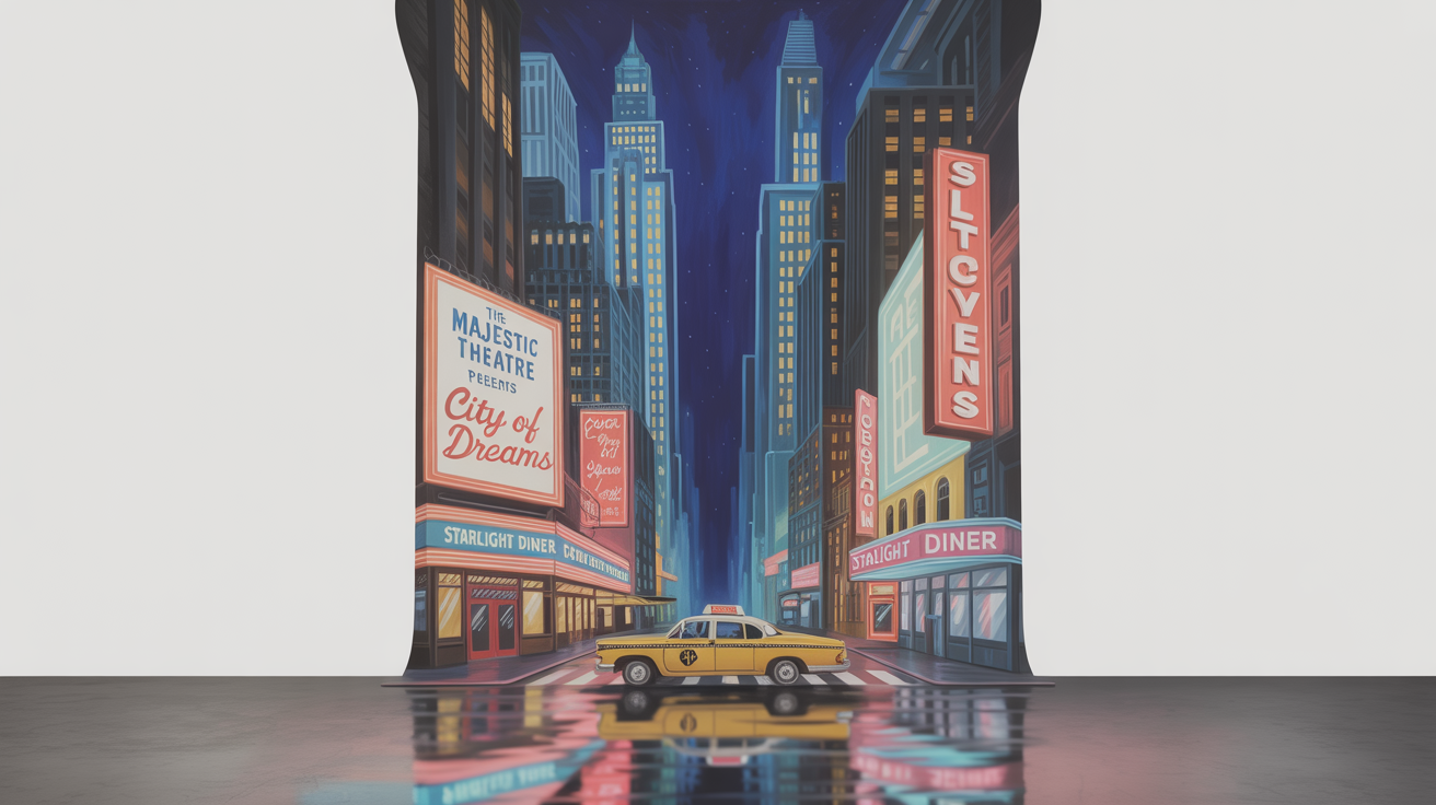A vibrant, painterly design for a Broadway stage backdrop, showing a 1950s New York City street at night with glowing neon signs for 'The Majestic Theatre' and 'Starlight Diner'.