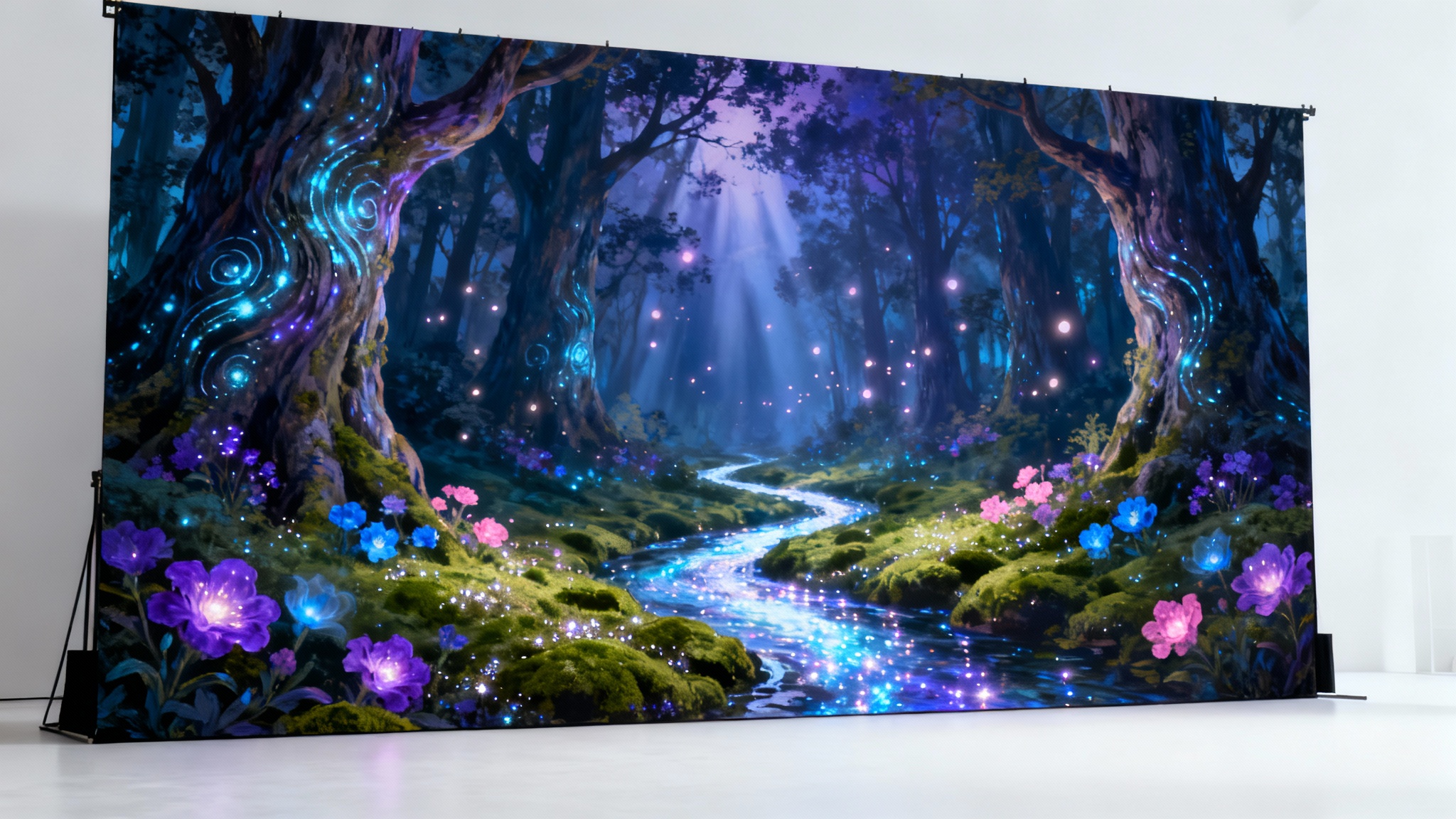 A mockup of a Broadway stage backdrop showing an enchanting, magical forest at dusk with glowing trees and flowers, set against a plain white background.