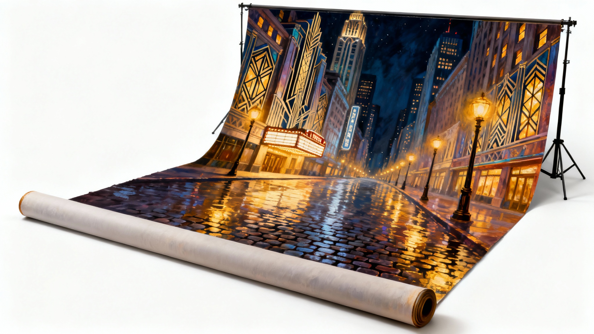 A photorealistic mockup of a Broadway stage backdrop depicting a glamorous 1920s city street at night, shown against a plain white background.