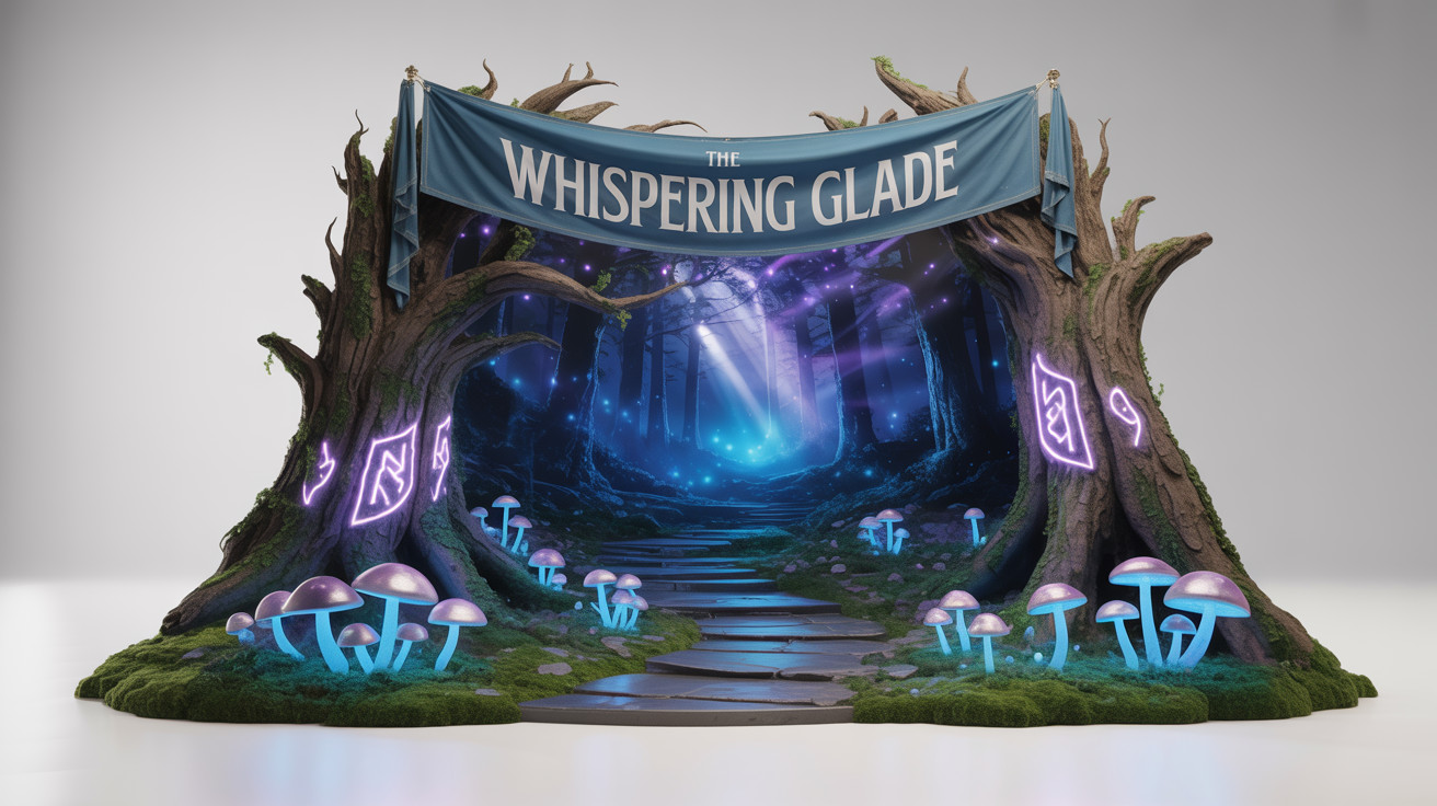 A hyper-realistic mockup of a Broadway stage featuring an enchanted forest backdrop at twilight, with glowing runes and mushrooms, and a banner reading 'The Whispering Glade'.