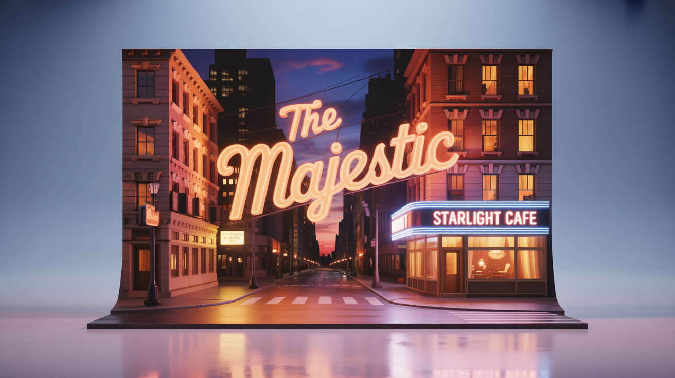 A photorealistic mockup of a Broadway stage backdrop depicting a romanticized 1950s New York City street at dusk, featuring Art Deco buildings and a glowing neon sign for 'The Majestic' theater.