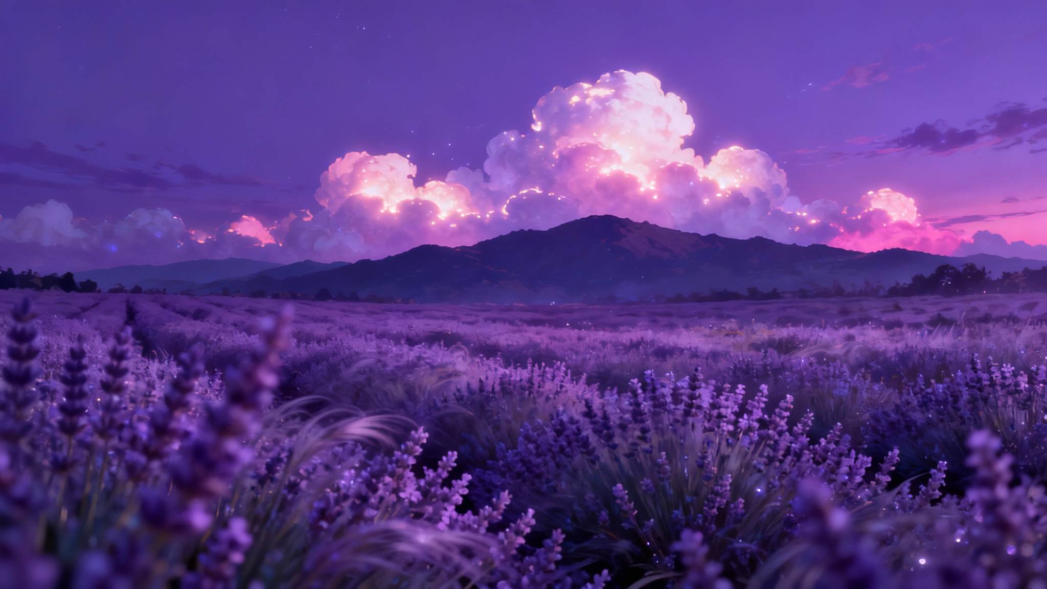 A vibrant purple aesthetic wallpaper showing a dreamy landscape with a field of lavender flowers in the foreground and a mountain range under a purple twilight sky.