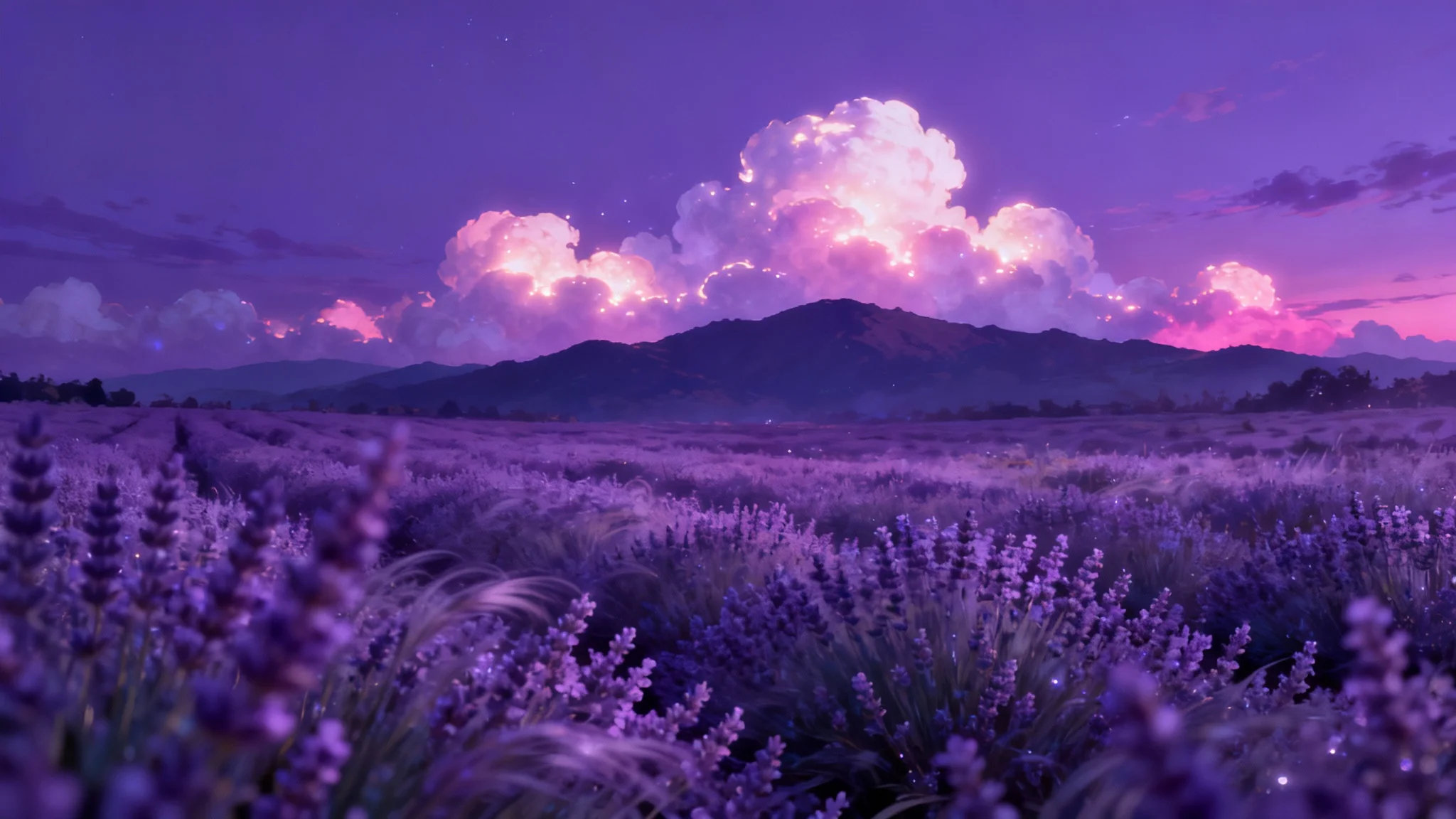 A vibrant purple aesthetic wallpaper showing a dreamy landscape with a field of lavender flowers in the foreground and a mountain range under a purple twilight sky.