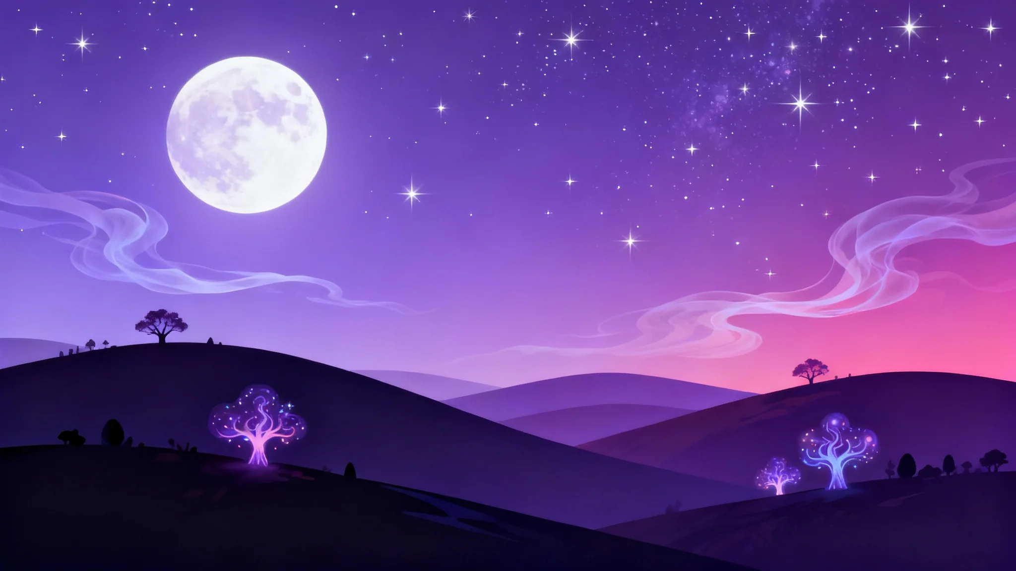 A purple aesthetic wallpaper mockup featuring a magical landscape with a large moon, starry sky, and silhouetted hills against a white background.