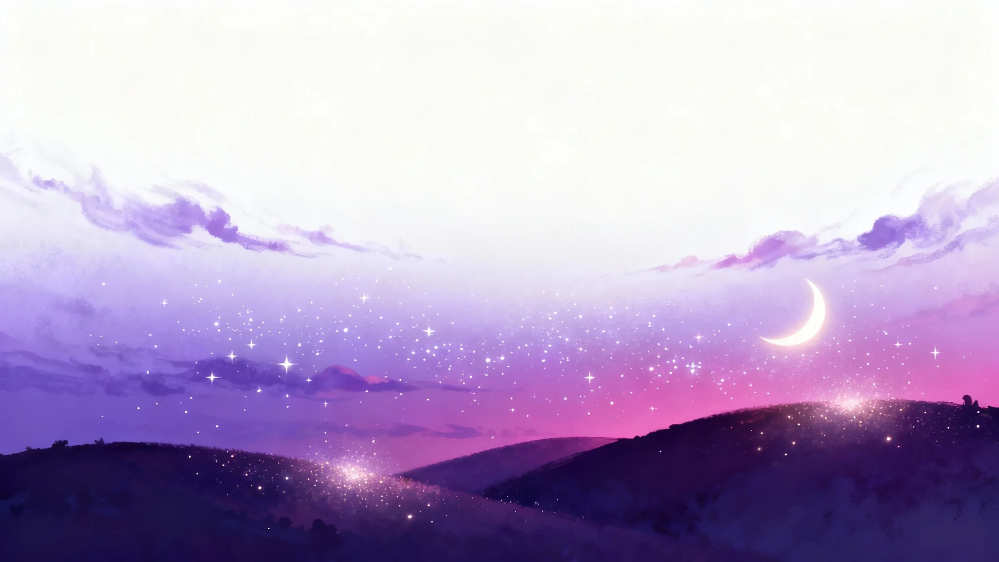 A dreamy purple aesthetic wallpaper featuring a twilight sky with a gradient of lavender and violet, a glowing crescent moon, and shimmering stars over a silhouetted landscape.