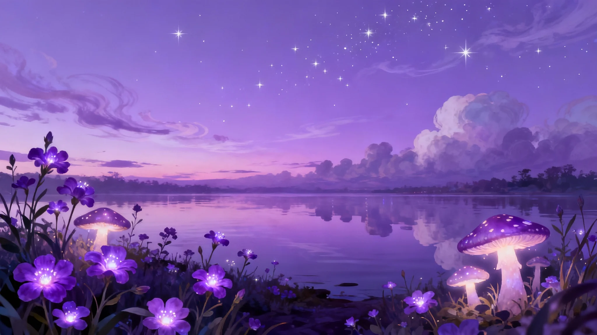 A purple aesthetic phone wallpaper showing a magical landscape with glowing flowers and a starry twilight sky reflected in calm water.