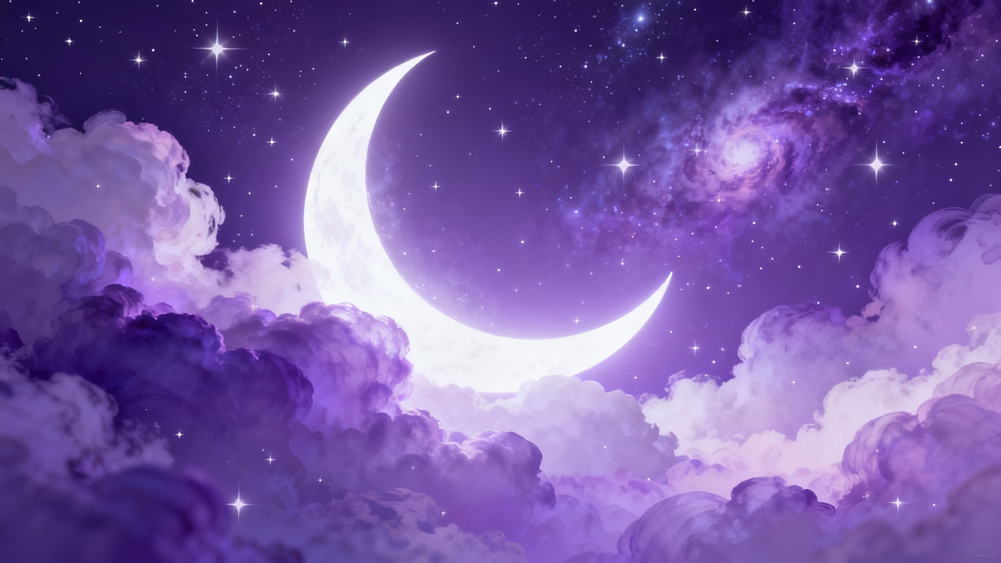 A dreamy purple aesthetic wallpaper with a celestial theme, showing a glowing crescent moon, soft clouds, and sparkling stars in a violet and lavender sky.