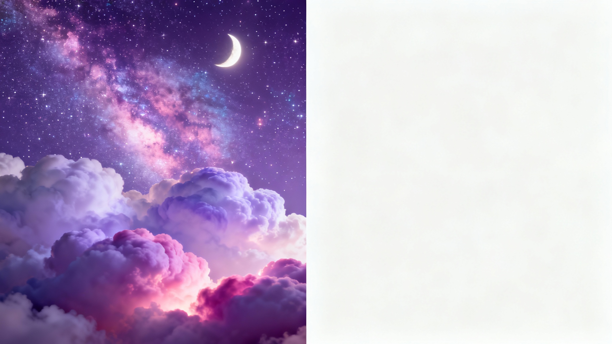A purple aesthetic wallpaper featuring a dreamy cloudscape in shades of lavender and lilac, transitioning into a deep violet starry night with a crescent moon.