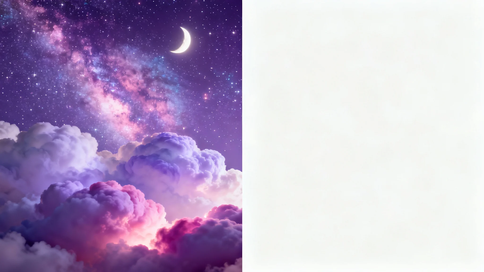 A purple aesthetic wallpaper featuring a dreamy cloudscape in shades of lavender and lilac, transitioning into a deep violet starry night with a crescent moon.