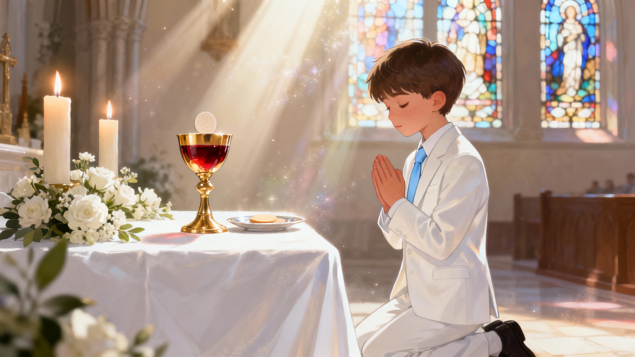 An elegant illustration of a young boy in a white suit kneeling at a church altar for his First Communion, with a chalice, bread, and divine light rays creating a sacred scene.