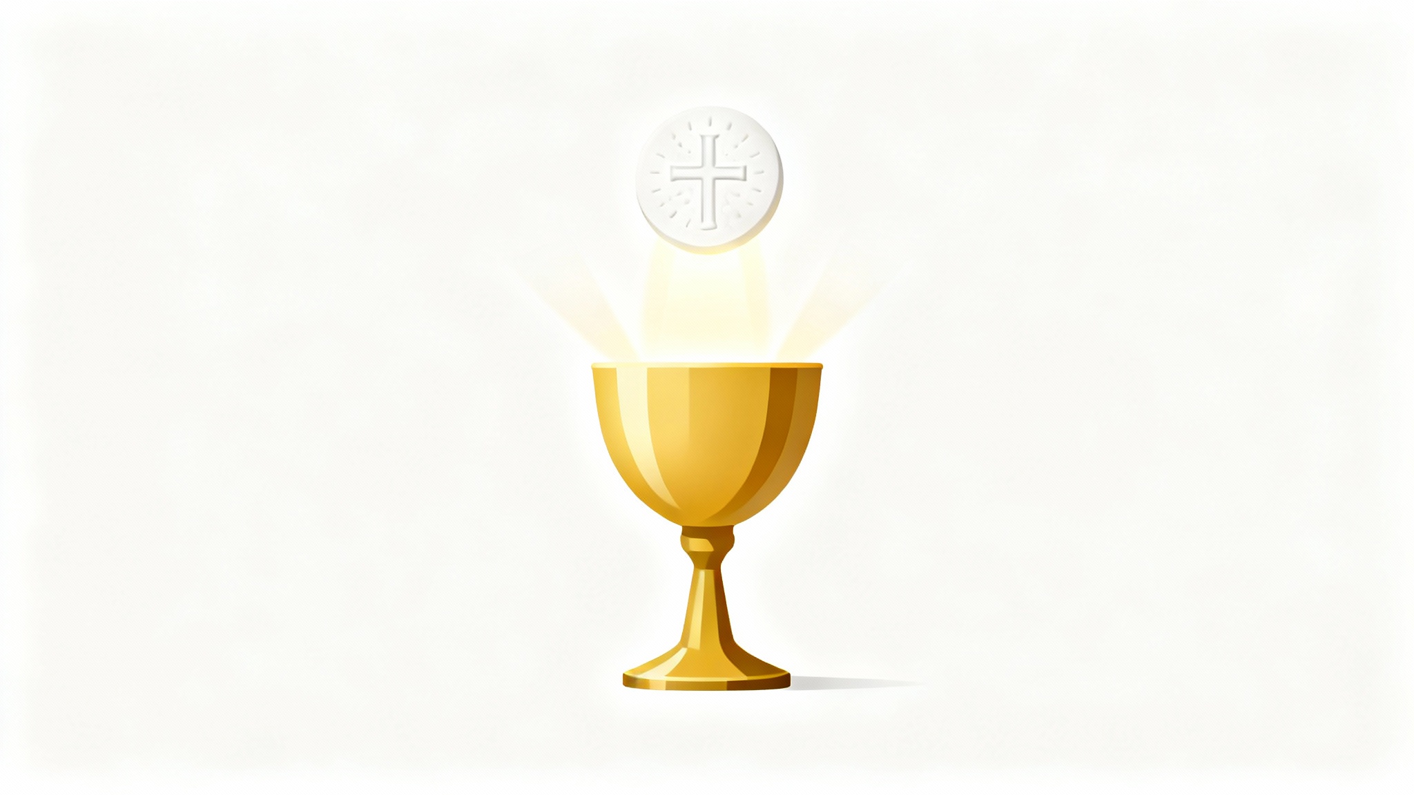 A serene and modern illustration of the Eucharist, featuring a simple golden chalice and a glowing white host radiating light, set against a clean white background.