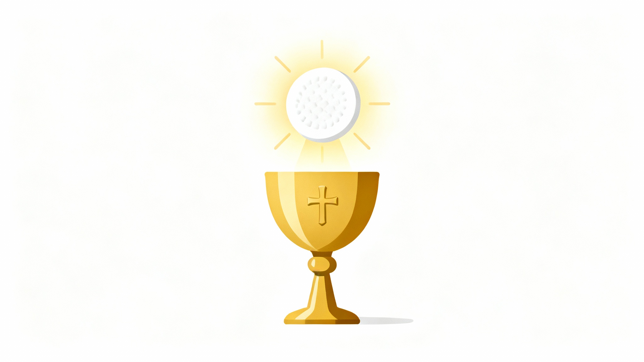 A modern vector illustration of the Eucharist, featuring a simple golden chalice and a glowing white host with a cross, set against a plain white background.