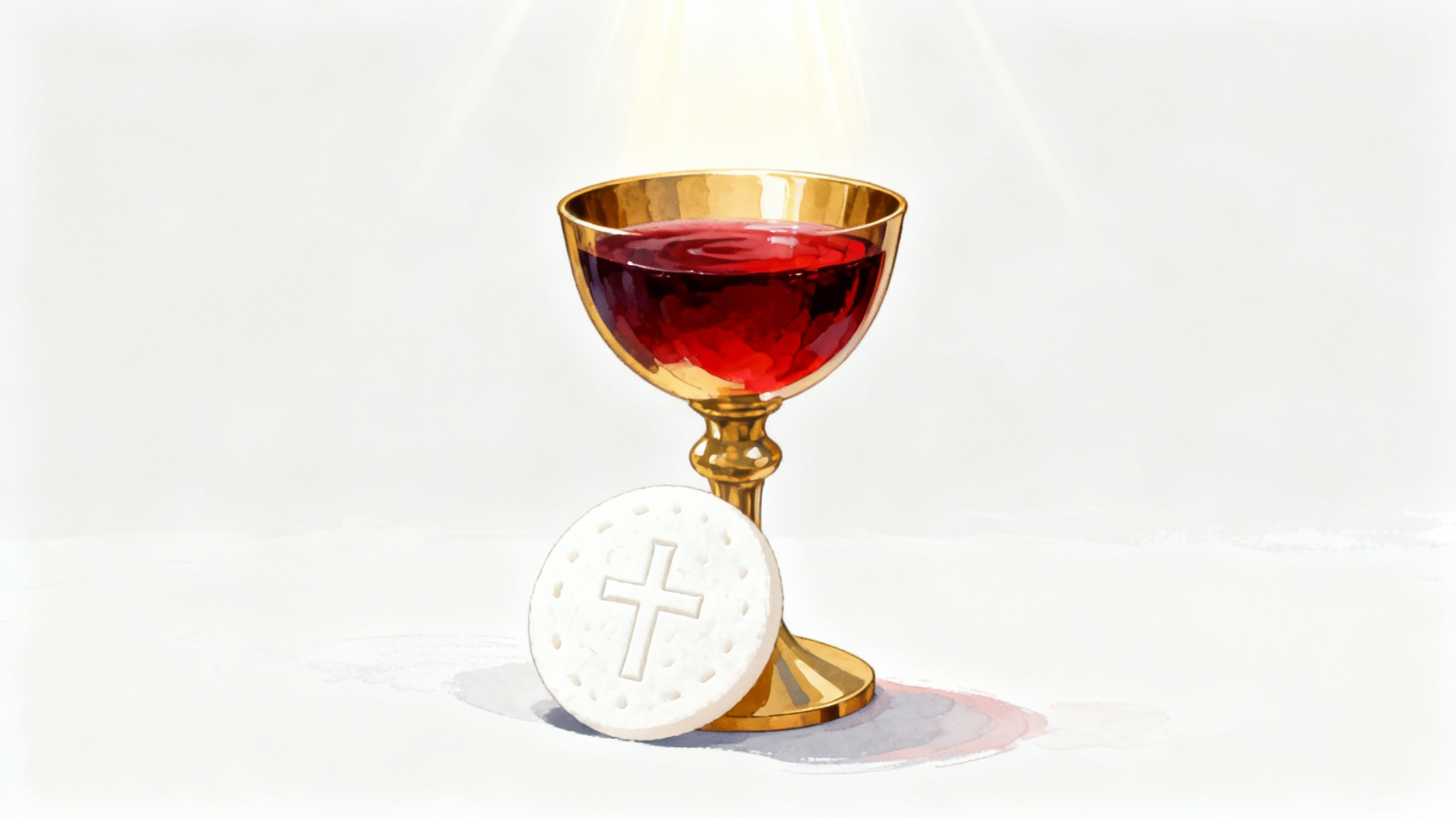 A modern, reverent illustration of the Eucharist, featuring a golden chalice of wine and a communion wafer against a clean white background.