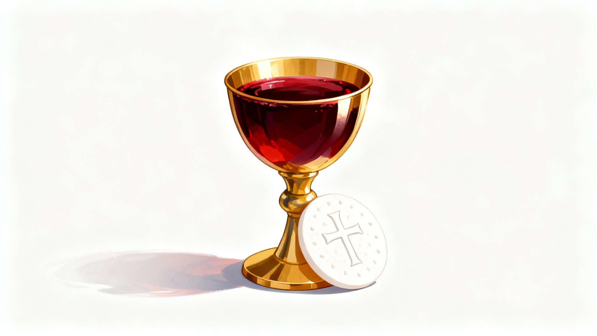 A reverent illustration of the Eucharist, showing a golden chalice with red wine and a communion wafer, set against a clean white background.