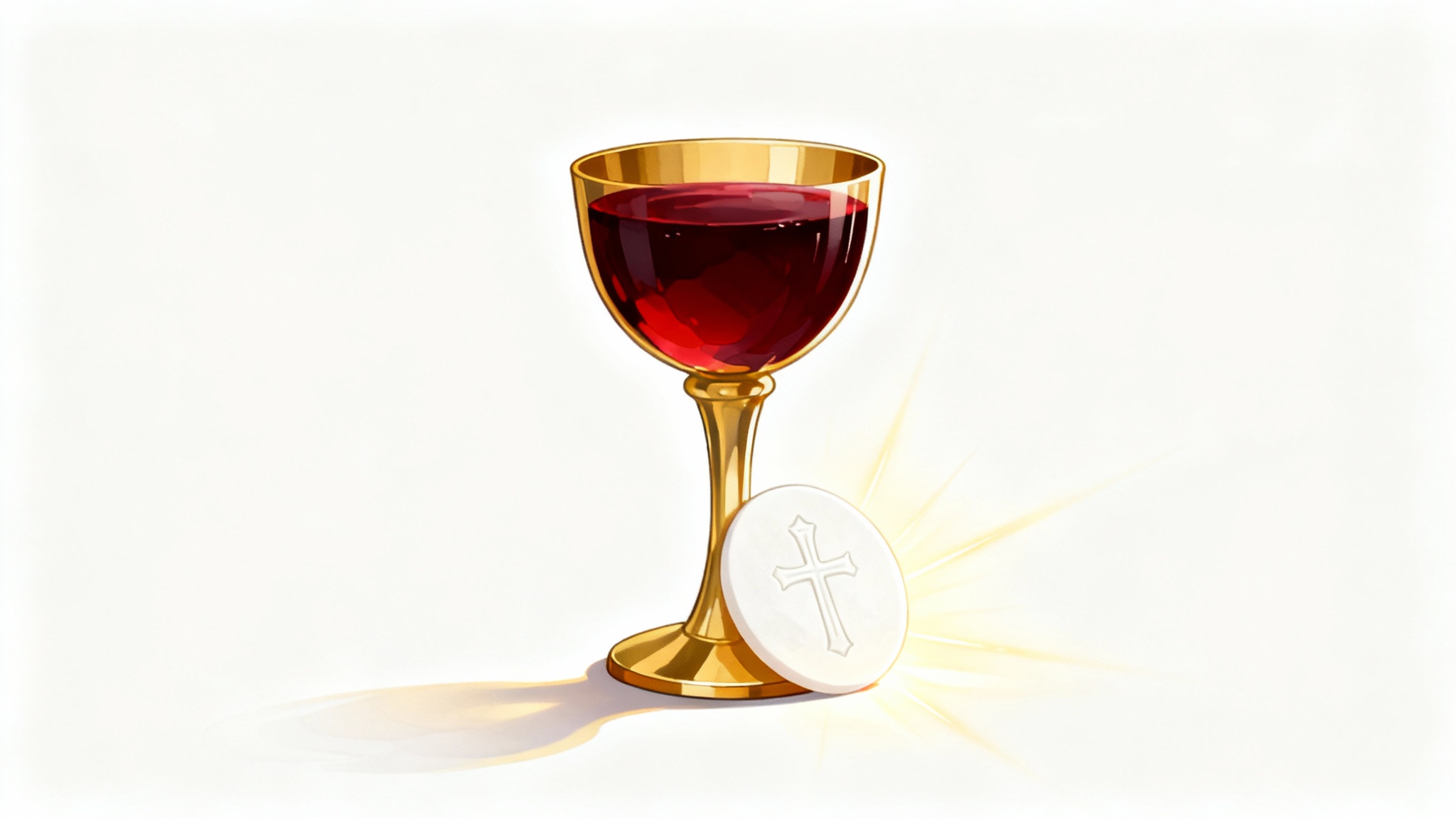 A modern and reverent illustration of the Eucharist, showing a simple golden chalice with red wine and a white host glowing softly, all set against a clean white background.