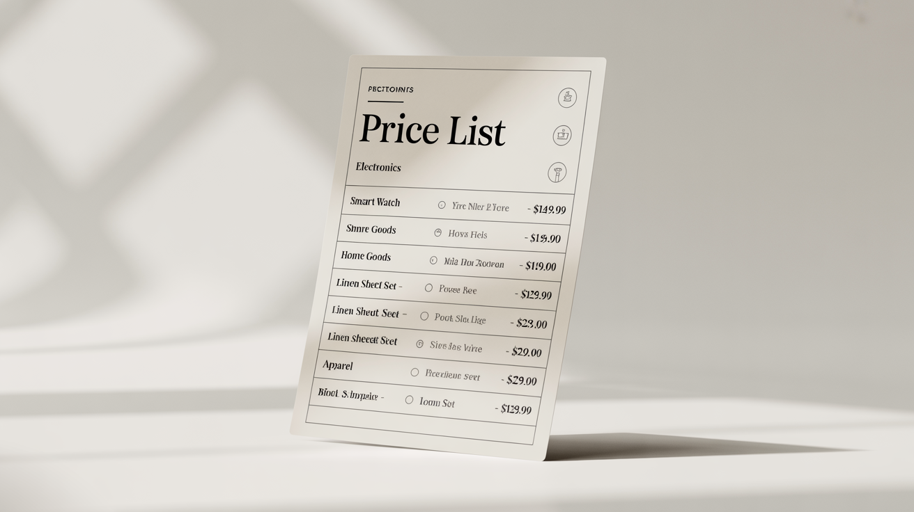 A professionally designed price list document with a clean, modern grid layout, featuring sections for different product categories with icons, names, and prices, displayed on a minimal background.
