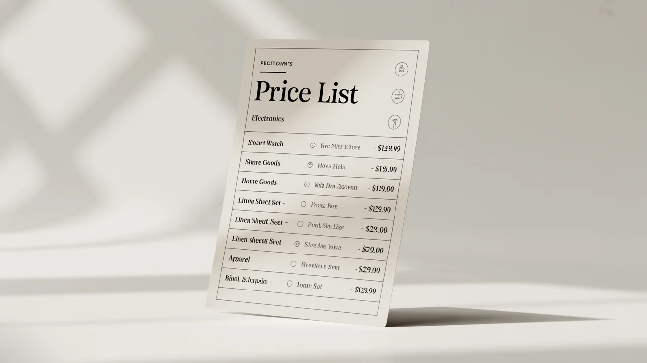 A professionally designed price list document with a clean, modern grid layout, featuring sections for different product categories with icons, names, and prices, displayed on a minimal background.