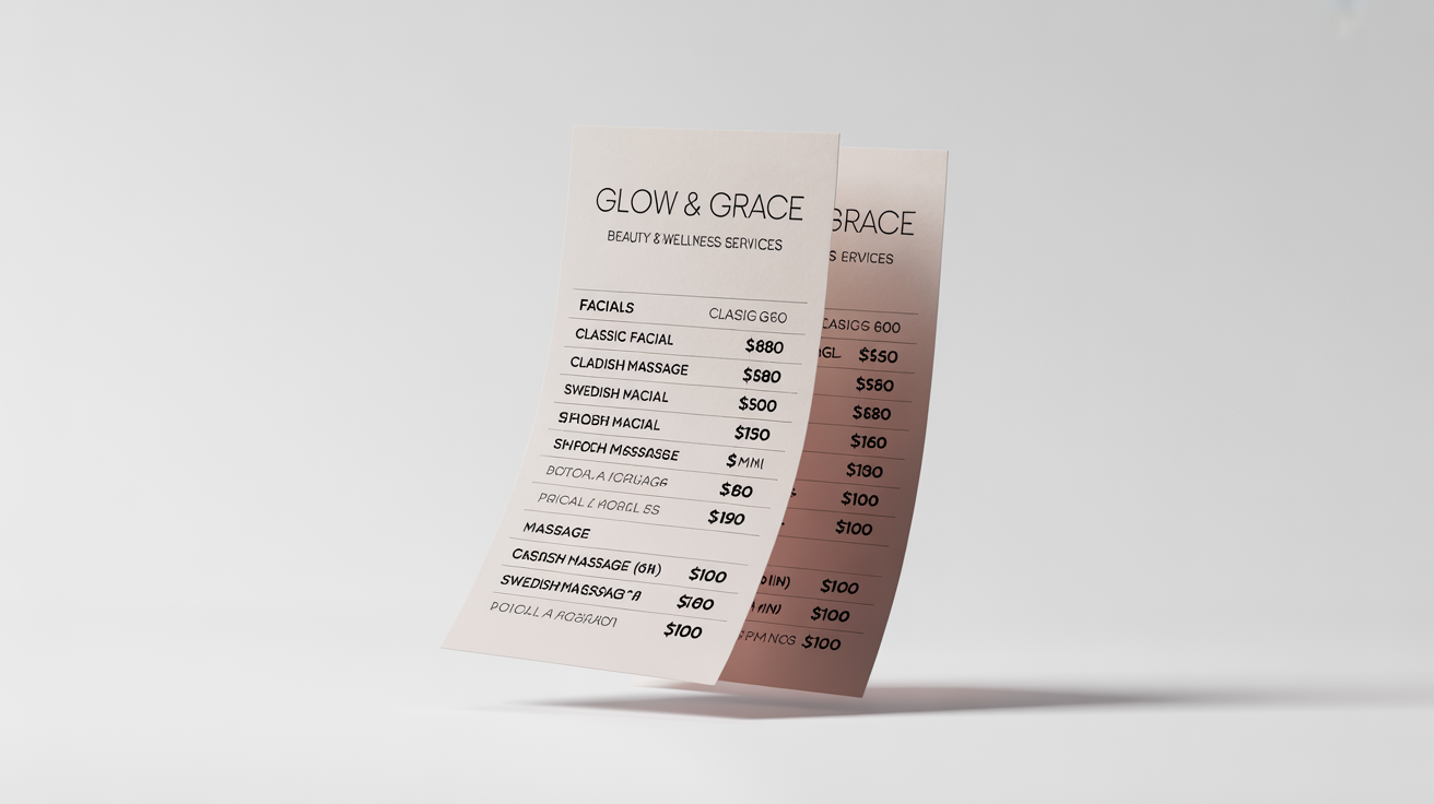 A professional mockup of a beauty salon price list for 'Glow & Grace', showing prices for facials and massage services in a clean, modern design against a white background.