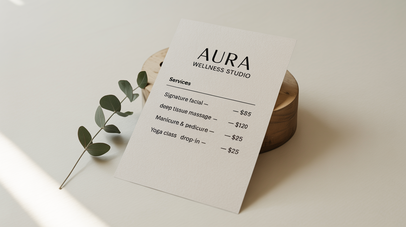A professionally designed, minimalist price list for a wellness studio, showing prices for facials, massage, and yoga, presented as a high-quality mockup on a clean white background.
