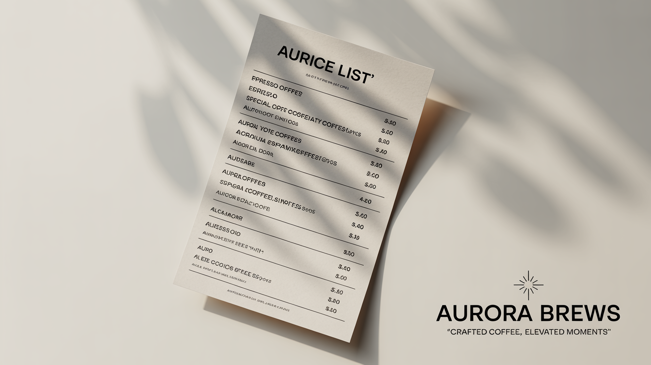 A professional mockup of a coffee shop price list for 'Aurora Brews' on a clean white background. The menu includes espresso drinks and specialty coffees with their prices clearly listed.
