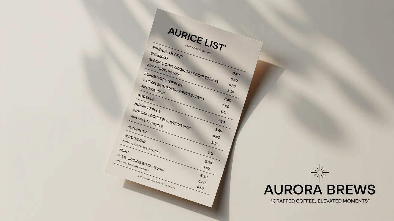 A professional mockup of a coffee shop price list for 'Aurora Brews' on a clean white background. The menu includes espresso drinks and specialty coffees with their prices clearly listed.
