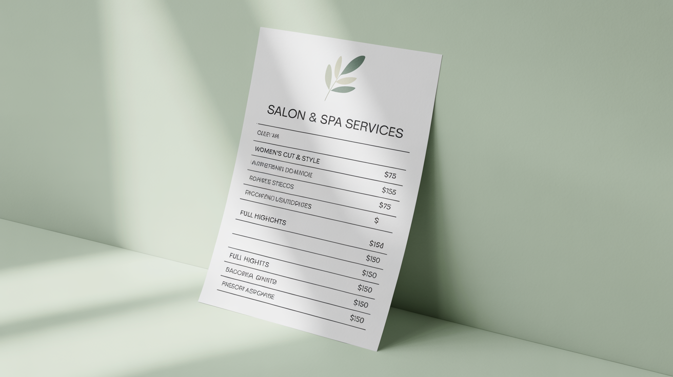 A modern and elegant price list mockup for a salon and spa, showing various services and prices, presented on a clean white background.