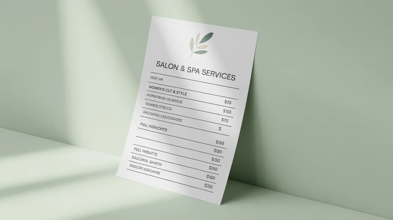 A modern and elegant price list mockup for a salon and spa, showing various services and prices, presented on a clean white background.