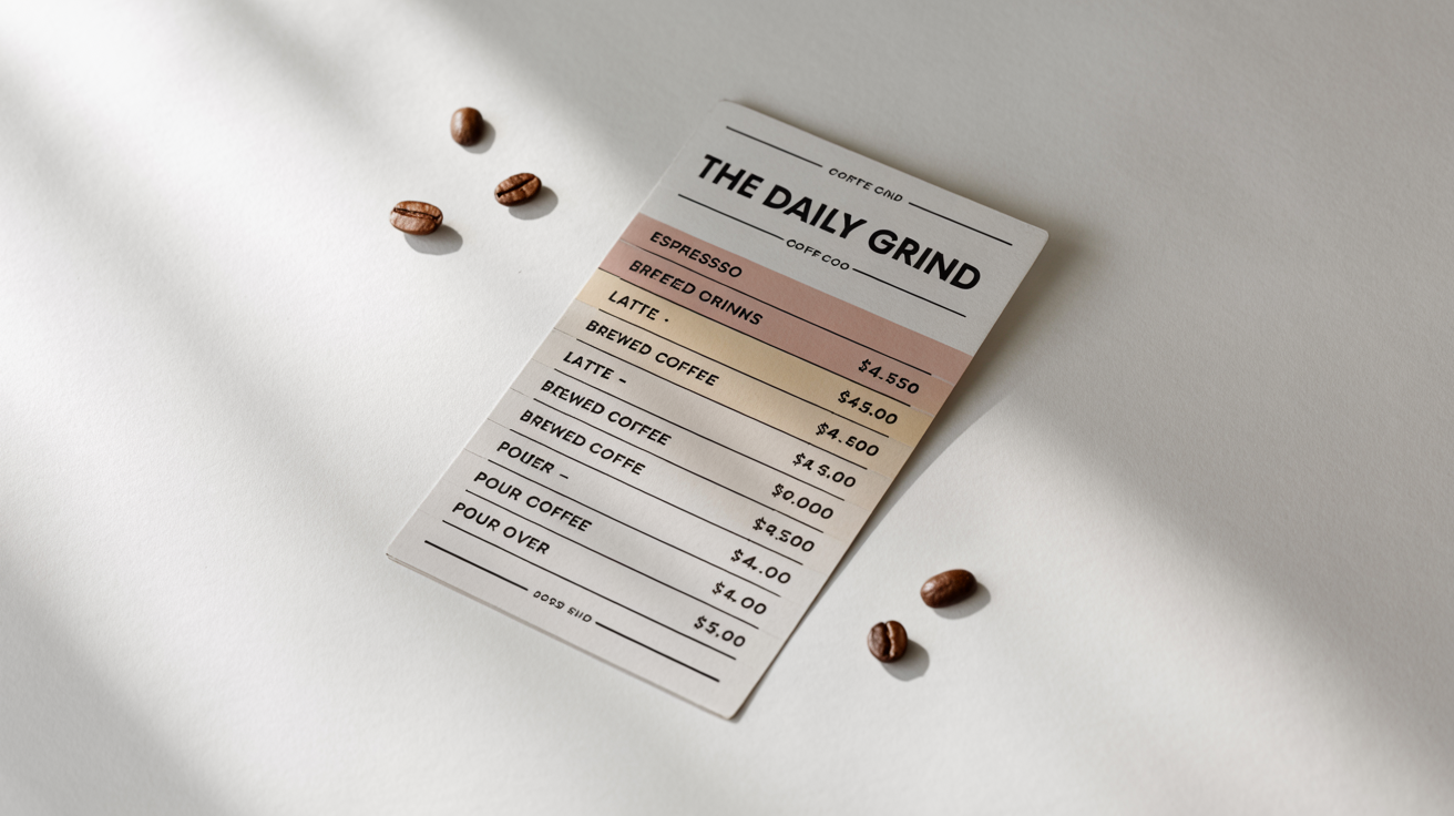 A mockup of a modern coffee shop price list for 'The Daily Grind' on a white background, with coffee beans scattered around it.