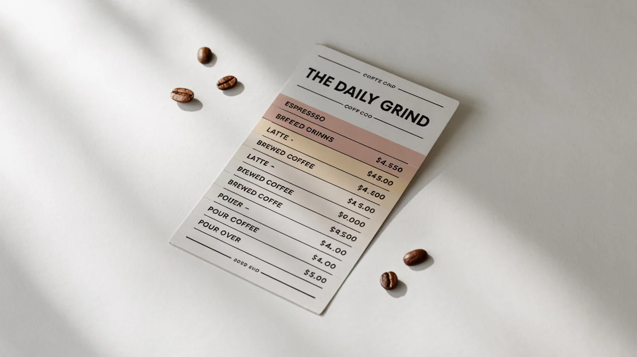 A mockup of a modern coffee shop price list for 'The Daily Grind' on a white background, with coffee beans scattered around it.