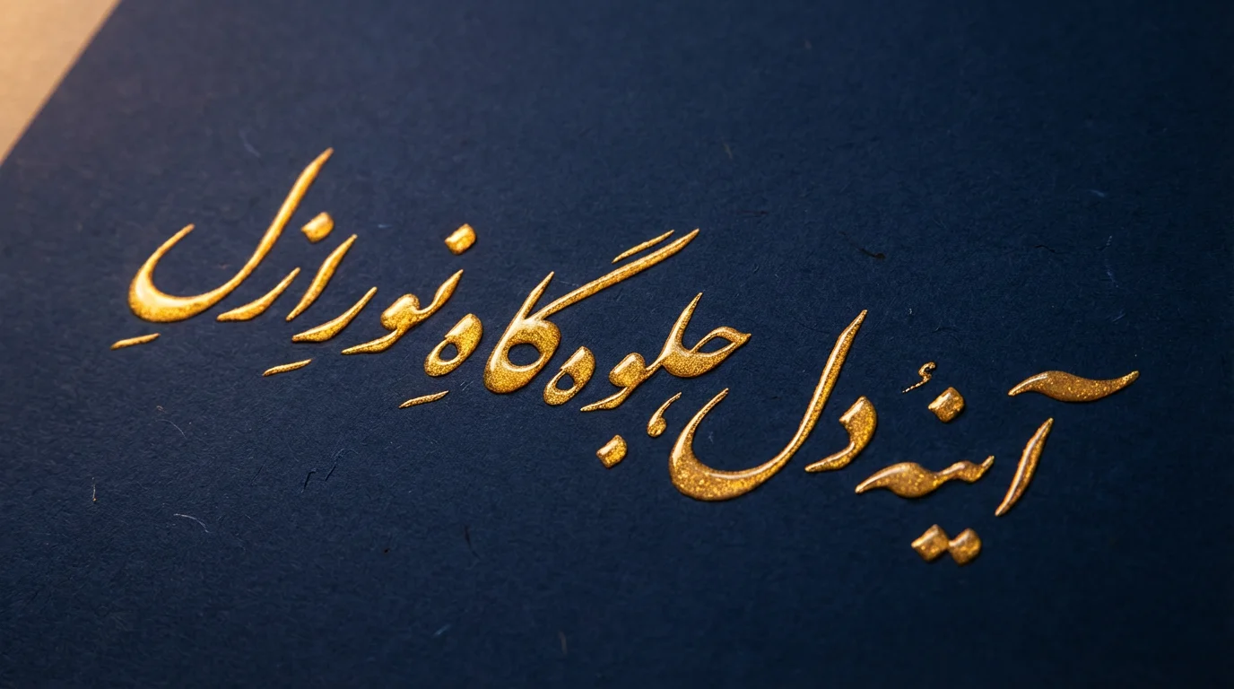 A stunning, professional piece of Nastaliq calligraphy with shimmering gold script on a dark textured background, shown as a final design result.