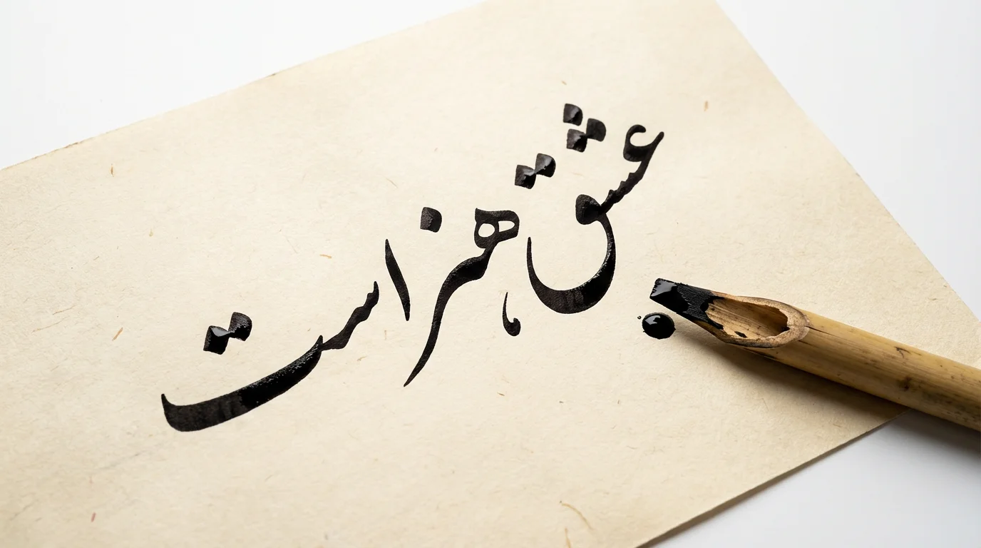 A photorealistic mockup of Nastaliq calligraphy, showing elegant Persian script written in black ink on cream paper, with a traditional reed pen resting beside it on a clean white background.