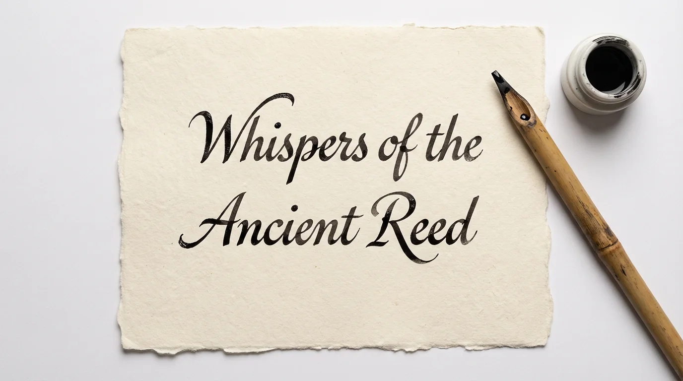 Elegant Nastaliq calligraphy of a fictional poem on handmade paper, placed next to a traditional pen on a white background.