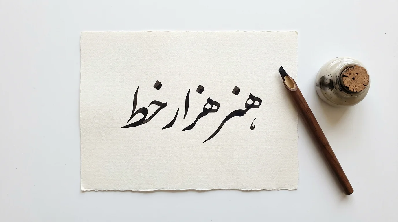 A top-down view of a Nastaliq calligraphy mockup featuring elegant black script on textured paper, beside a traditional reed pen and inkwell, all on a clean white background.