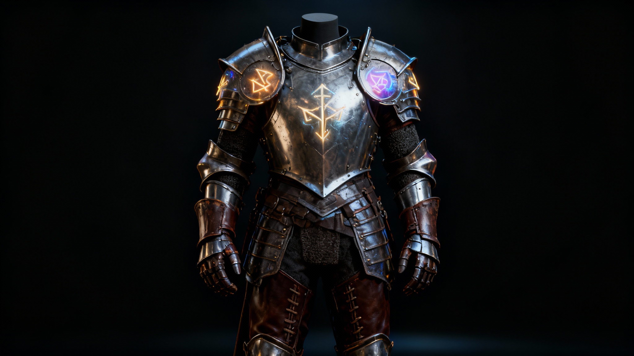 A photorealistic 3D render of a full suit of fantasy armor, showcasing a mix of shiny engraved metal and rugged leather textures in a dramatic studio setting.